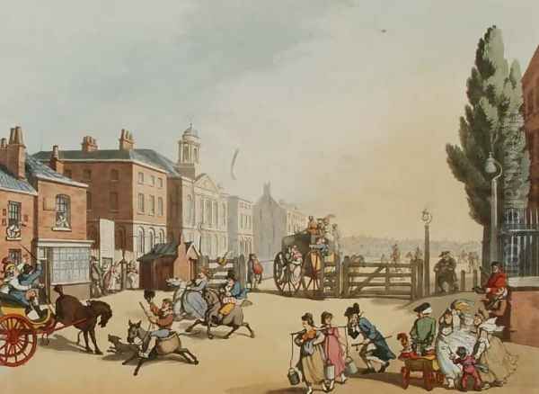 Entrance of Tottenham Court Road Turnpike with a view of St. Jamess Chapel, engraved by Heinrich Joseph Schutz 1760-1822, pub. 1809 Oil Painting by Thomas Rowlandson