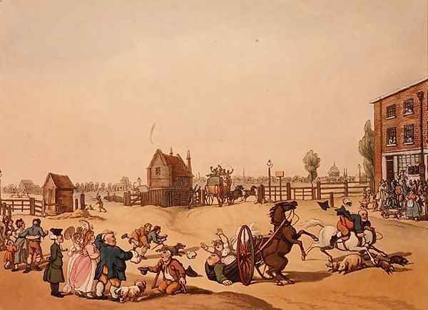 Entrance from Hackney or Cambridge Heath Turnpike with a Distant View of St Pauls, engraved by Schutz Oil Painting by Thomas Rowlandson