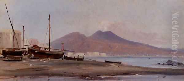 Fishing Boats Along The Sorrentine Coast With A View Of Mount Vesuvius Oil Painting by Alphee De Regny