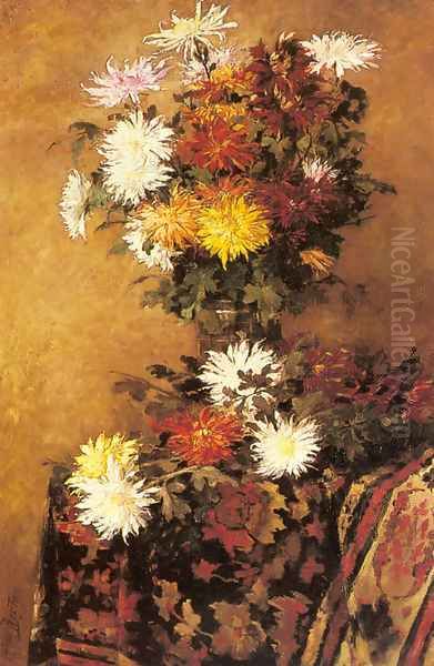 A Vase of Chrysanthemums Oil Painting by Alfred Ruytinx