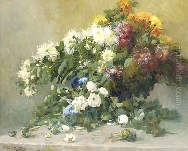 Mixed summer flowers in a blue vase on a table Oil Painting by Alfred Ruytinx