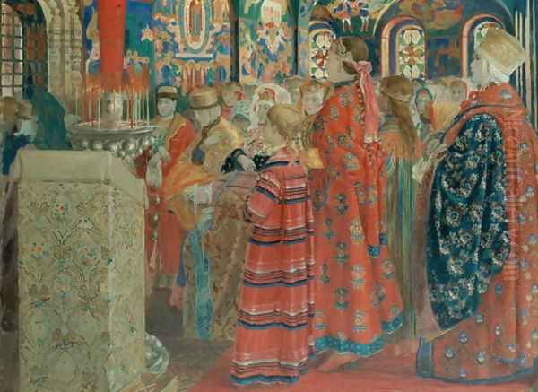 Seventeenth Century Russian Women at Church, 1899 Oil Painting by Andrei Petrovich Ryabushkin