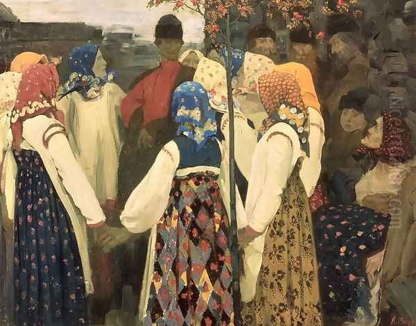 A lad has wormed his way into the girls round dance, 1902 Oil Painting by Andrei Petrovich Ryabushkin