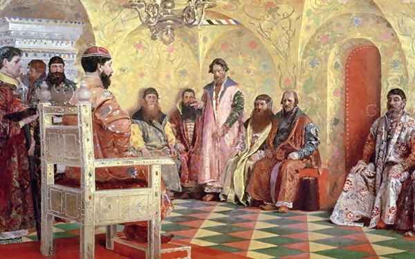 Tsar Mikhail Fyodorovich 1596-1645 with Boyars Sitting in His Room, 1893 Oil Painting by Andrei Petrovich Ryabushkin