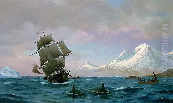 Catching whales, 1875 Oil Painting by J.E. Carl Rasmussen