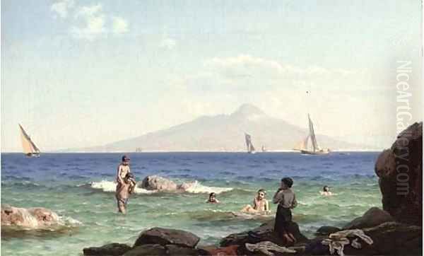 Boys playing in the shallows before Vesuvius Oil Painting by J.E. Carl Rasmussen