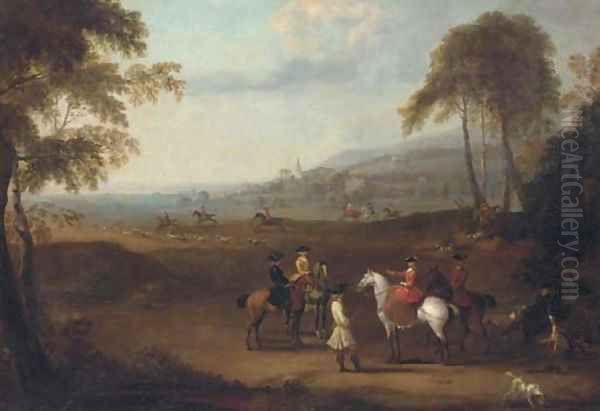 An Elegant Hunting Party in an Extensive Landscape Oil Painting by James Ross