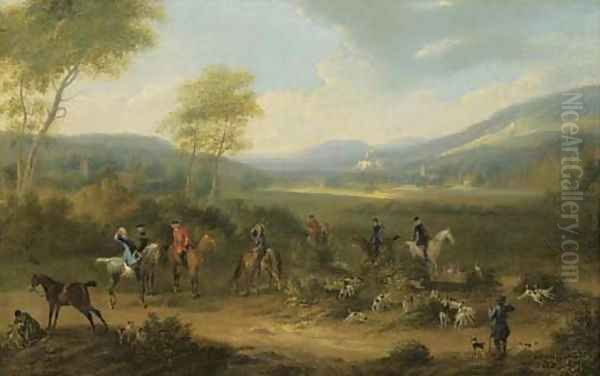 A Hunting Party With Hounds In An Extensive River Landscape Oil Painting by James Ross