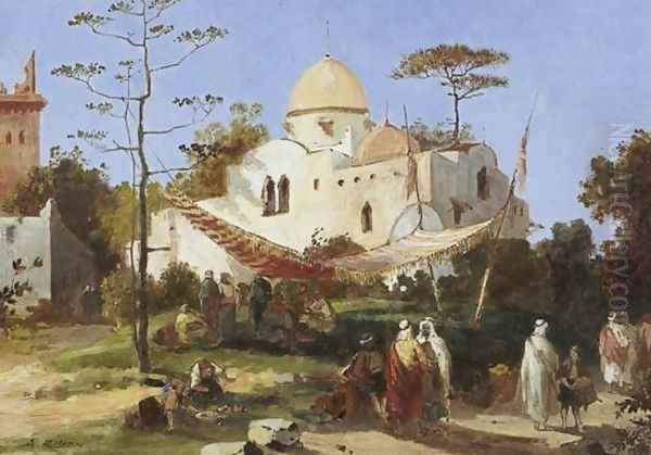 Resting by the Mosk (Repos près de la mosquee) Oil Painting by Auguste Rigon