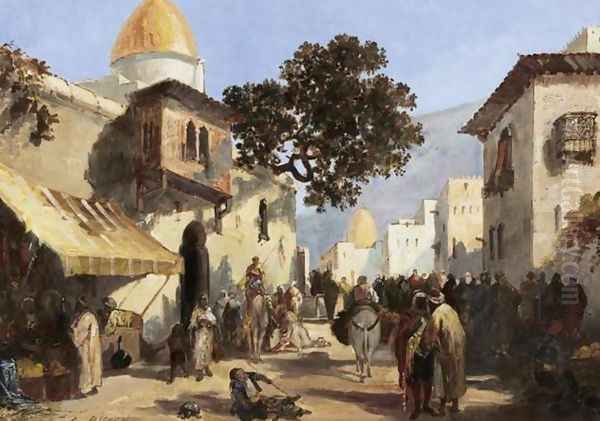 Street, probably in Cairo (Rue animee, probablement au Caire) Oil Painting by Auguste Rigon