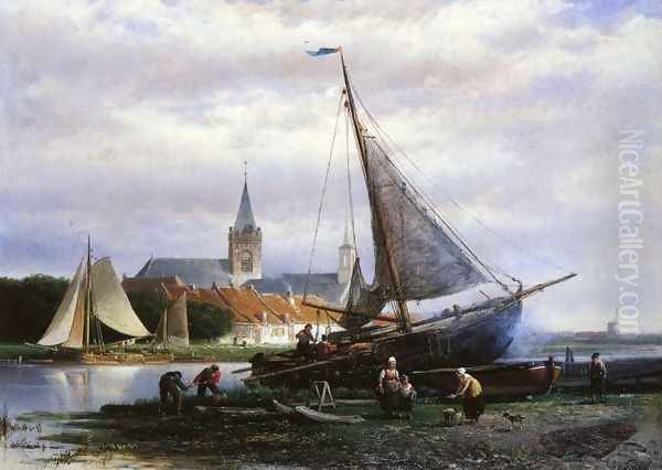 A River Landscape with a Fishing Boat on a Shipyard, a Village Beyond Oil Painting by Johan Adolph Rust