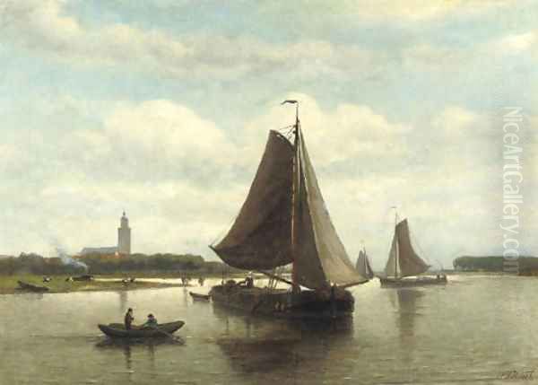 Shipping on a calm, a village beyond Oil Painting by Johan Adolph Rust