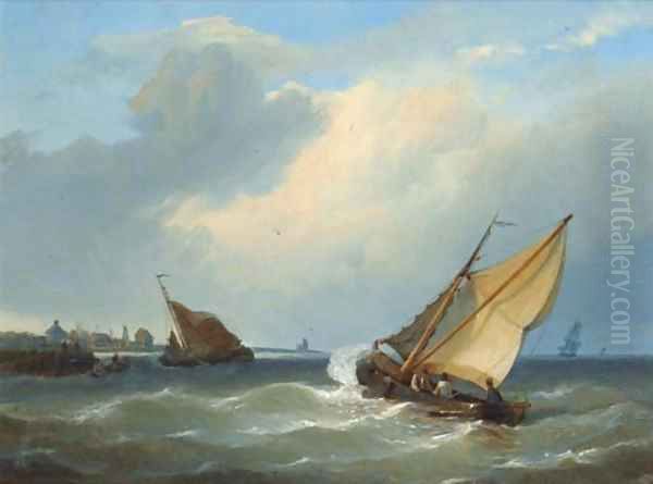 Entering a harbour in a stiff breeze Oil Painting by Johan Adolph Rust