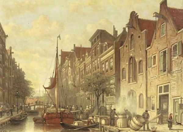 Barrelmakers De Haan en Zonen on the busy Elandsgracht, Amsterdam Oil Painting by Johan Adolph Rust