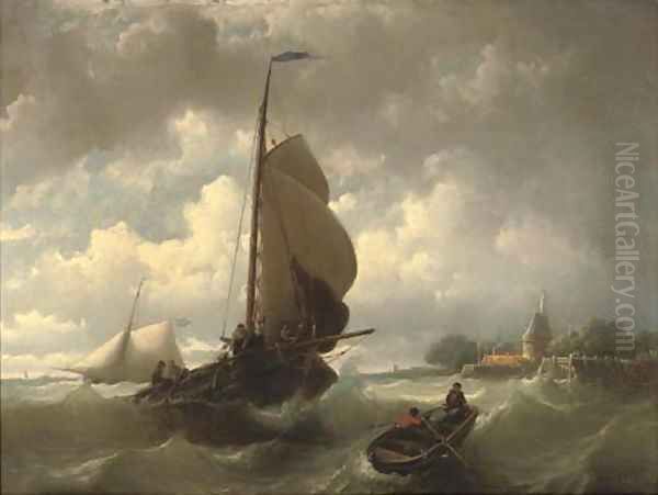 Raising the sails near Hoorn Oil Painting by Johan Adolph Rust