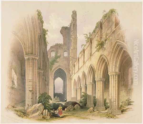 Kirkstall Abbey, the Nave and Choir, from The Monastic Ruins of Yorkshire, engraved by George Hawkins 1819-52, 1842 Oil Painting by William Richardson