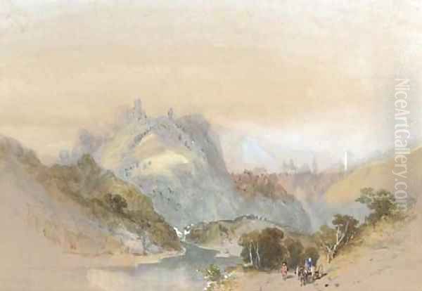 Figures on a country road in a mountainous landscape Oil Painting by William Richardson