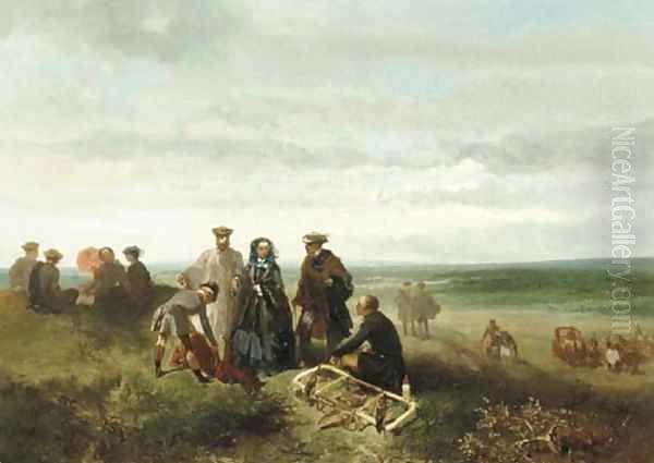 An elegant company during a falcon hunt Oil Painting by Charles Rochussen