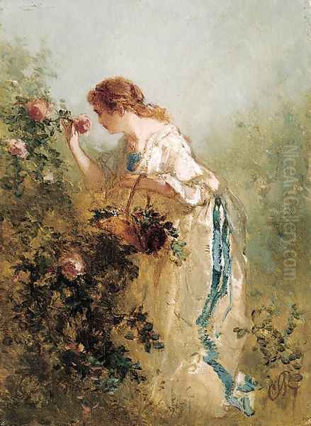 An elegant lady picking roses Oil Painting by Charles Rochussen