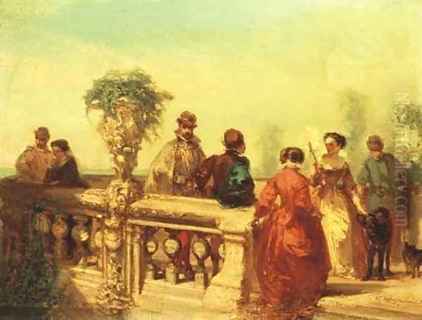 La Terasse elegant company on a terrace Oil Painting by Charles Rochussen