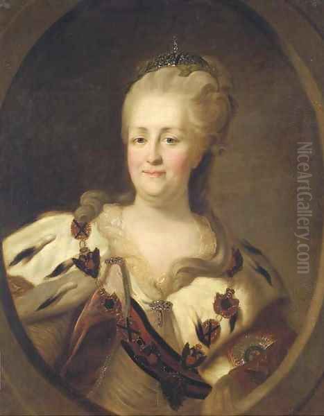 Portrait of Catherine the Great (1762-1796), in an ermine-trimmed robe, wearing the chain of the Order of St. Andrew Oil Painting by Fedor Rokotov