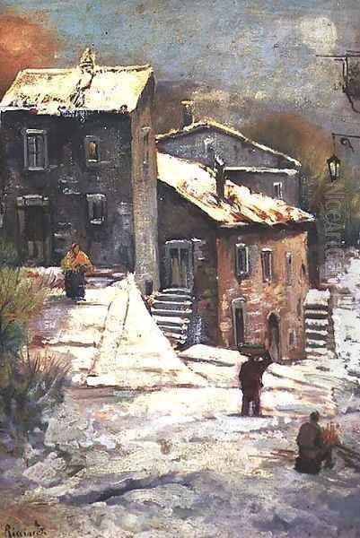 Figures in a Snowy Village Oil Painting by Oscar Ricciardi