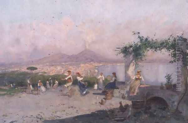 The Bay of Naples with Figures Dancing in the Foreground Oil Painting by Oscar Ricciardi