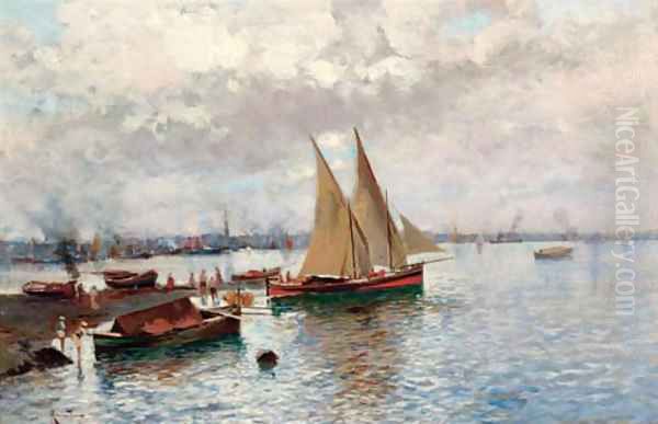 Boats in the harbour Oil Painting by Oscar Ricciardi