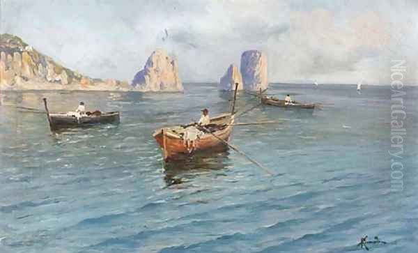 Fishermen off the Capri coast Oil Painting by Oscar Ricciardi