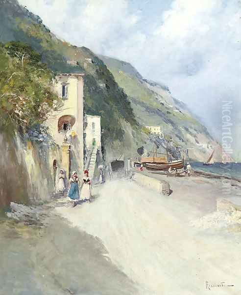 A fishing village on the Amalfi coast Oil Painting by Oscar Ricciardi