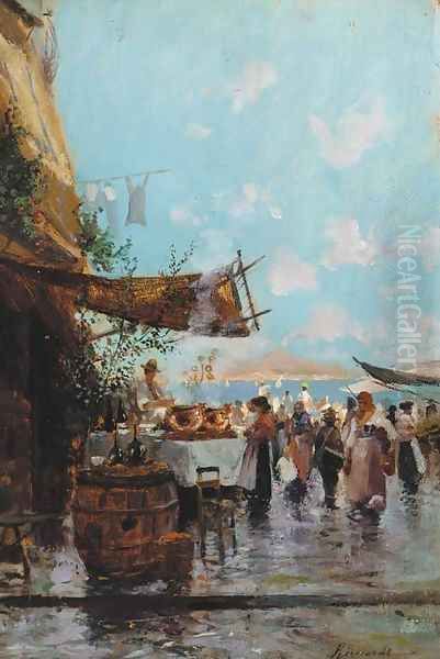 A market by the bay of Naples with mount Vesuvius beyond Oil Painting by Oscar Ricciardi