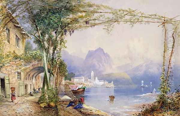 Italian Lake Scene Oil Painting by Thomas Charles Leeson Rowbotham