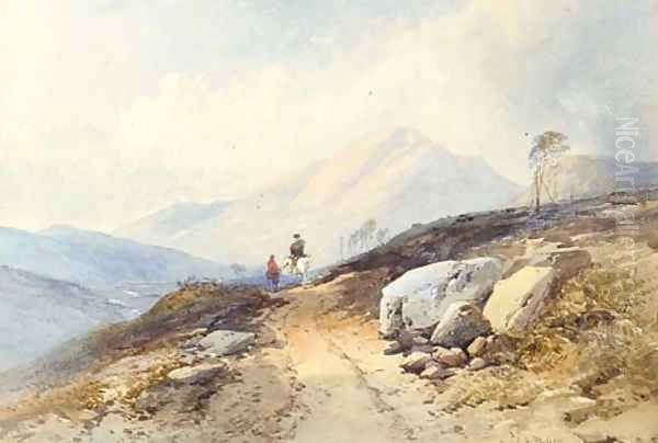 Highland figures on a track in a mountainous landscape Oil Painting by Thomas Charles Leeson Rowbotham