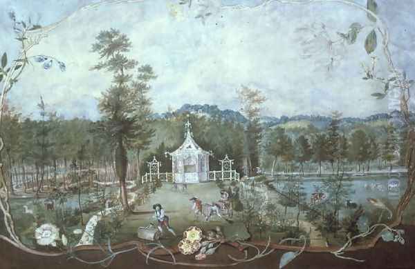 Chinese Pavilion in an English Garden, 18th century 2 Oil Painting by Thomas Robins