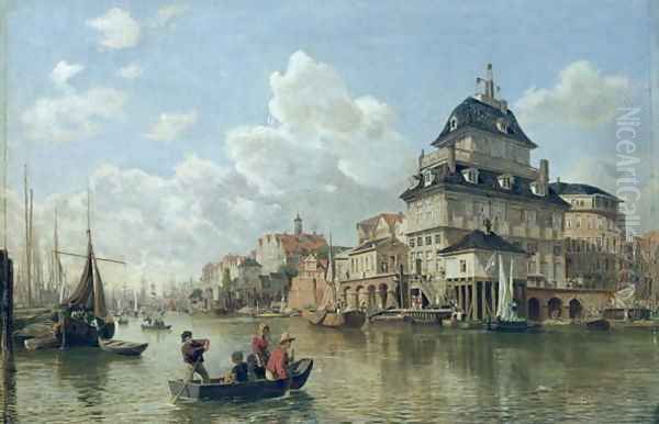 The Boat House at Hamburg Harbour, 1850 Oil Painting by Valentin Ruths