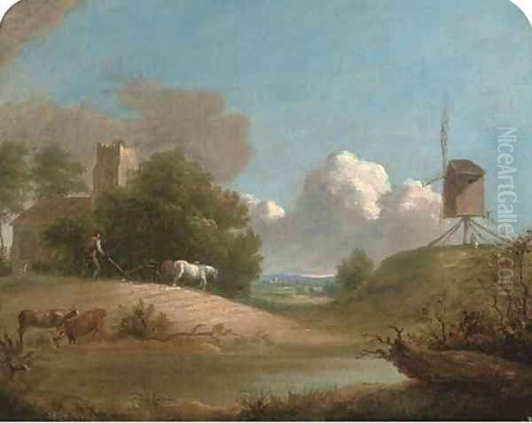 A plough team and a windmill in an extensive landscape Oil Painting by John Inigo Richards