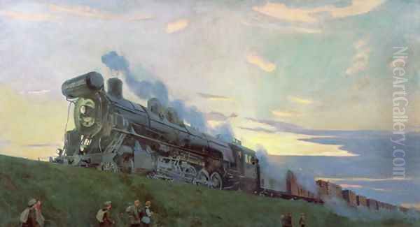 Super power steam engine, 1935 Oil Painting by Arkadij Aleksandrovic Rylov