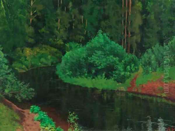 Wooded Landscape with River Oil Painting by Arkadij Aleksandrovic Rylov