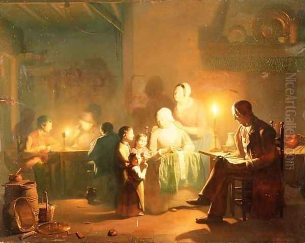 Candlelit Interior Oil Painting by Johannes Rosiere