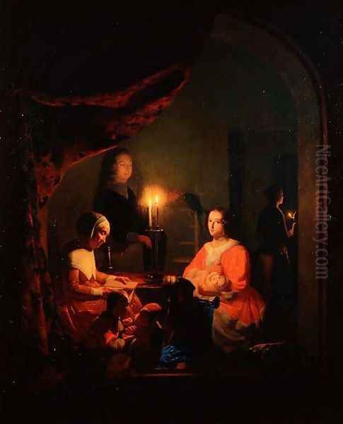 A Family in a Candlelit Interior, 1852 Oil Painting by Johannes Rosiere