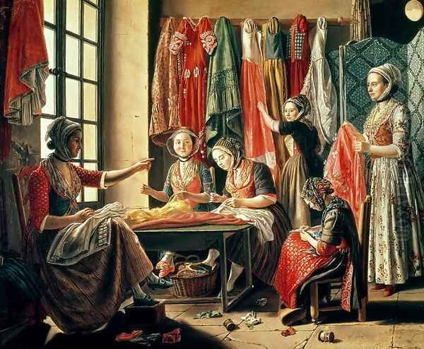 The Couturiers workshop, Arles, 1760 Oil Painting by Antoine Raspal