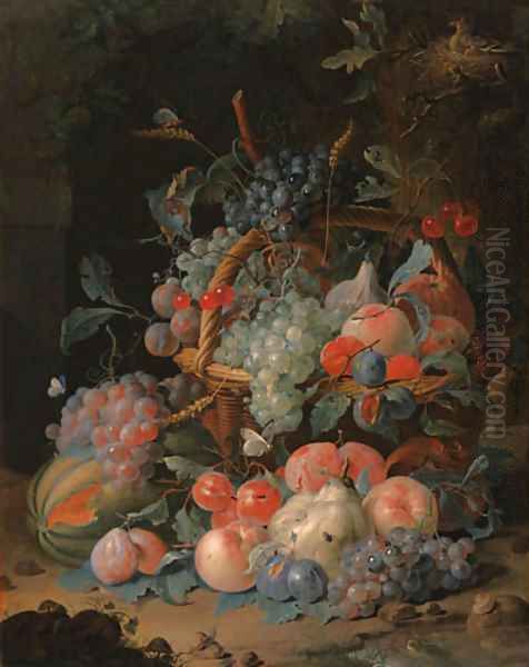 Grapes, cherries, plums, raspberries, tangerines, apples, oranges, peaches, pears, apricots and ears of corn in a basket, with a melon and other fruit Oil Painting by Coenraet Roepel