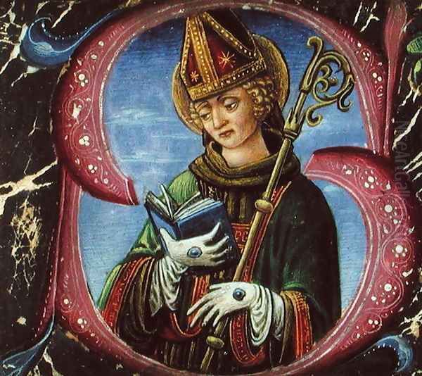 Historiated initial S depicting a Bishop Saint, c.1470 Oil Painting by Francesco di Giovanni de Russi