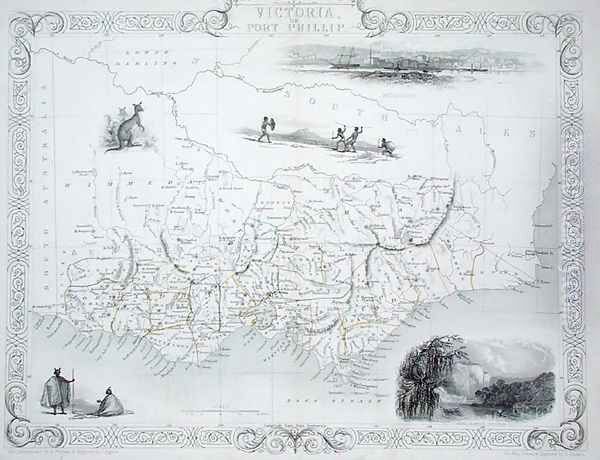 Victoria or Port Phillip, Australia, from a Series of World Maps published by John Tallis and Co, New York and London, 1850s Oil Painting by John Rapkin