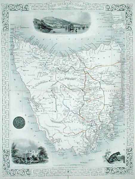 Van Diemens Island or Tasmania, from a Series of World Maps published by John Tallis and Co., London and New York, 1850s Oil Painting by John Rapkin