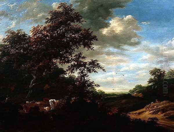 A Wooded Landscape with Cattle Oil Painting by Jacob Salomonsz. Ruysdael