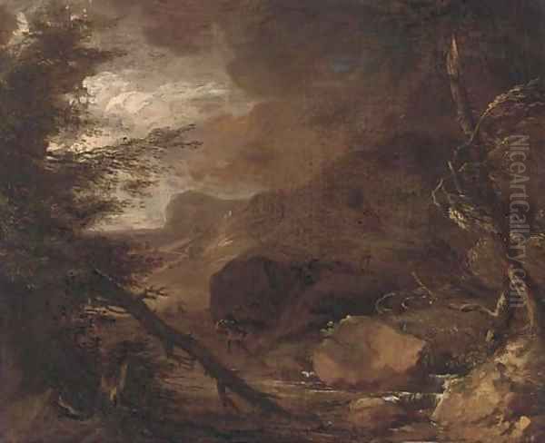 Figures struggling against a storm in a wooded landscape Oil Painting by Jacob Salomonsz. Ruysdael