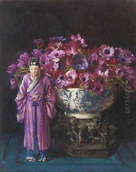 An Oriental figurine before a vase of anemones Oil Painting by David the Elder Richter