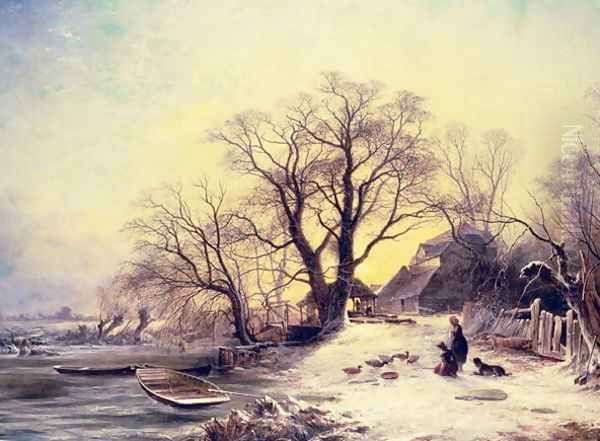 Figures outside a cottage in winter Oil Painting by Gustaf Fredrik Rydberg