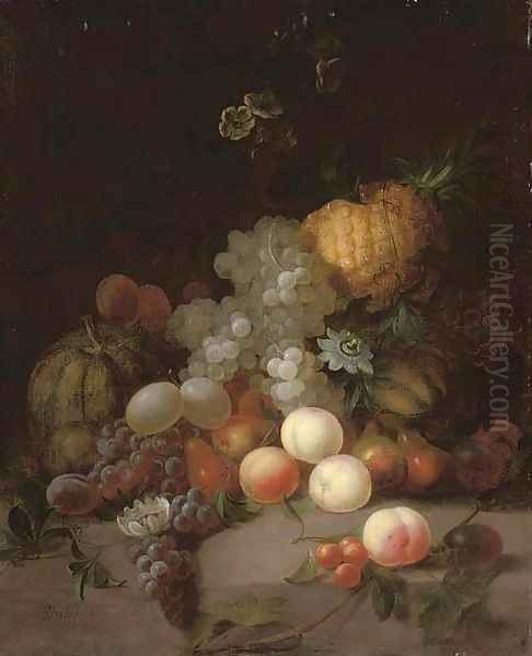 A pineapple, a watermelon, grapes, pears, peaches and other fruits with flowers on a stone ledge Oil Painting by Joseph Rhodes